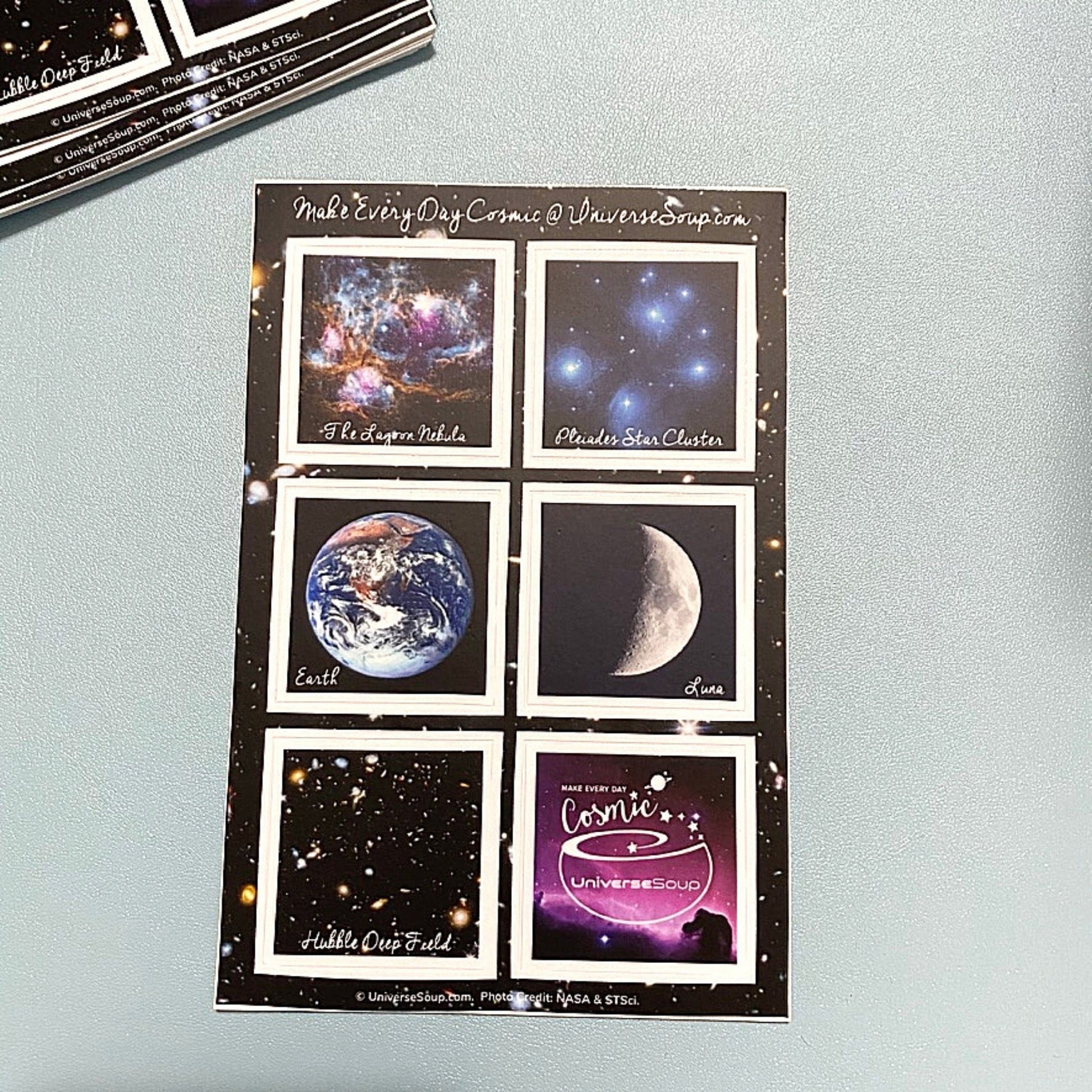 Outer Space Sticker Sheet - Make Every Day Cosmic with photos of the Moon, Earth, Pleiades, Lagoon Nebula, Horsehead, + Hubble Deep Field