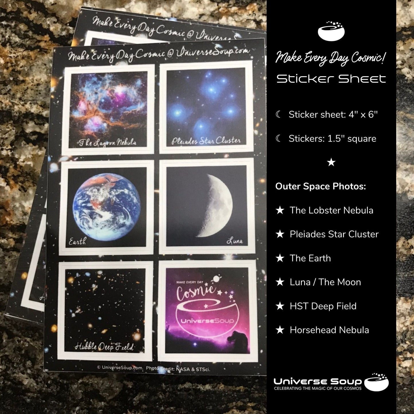 Outer Space Sticker Sheet - Make Every Day Cosmic with photos of the Moon, Earth, Pleiades, Lagoon Nebula, Horsehead, + Hubble Deep Field