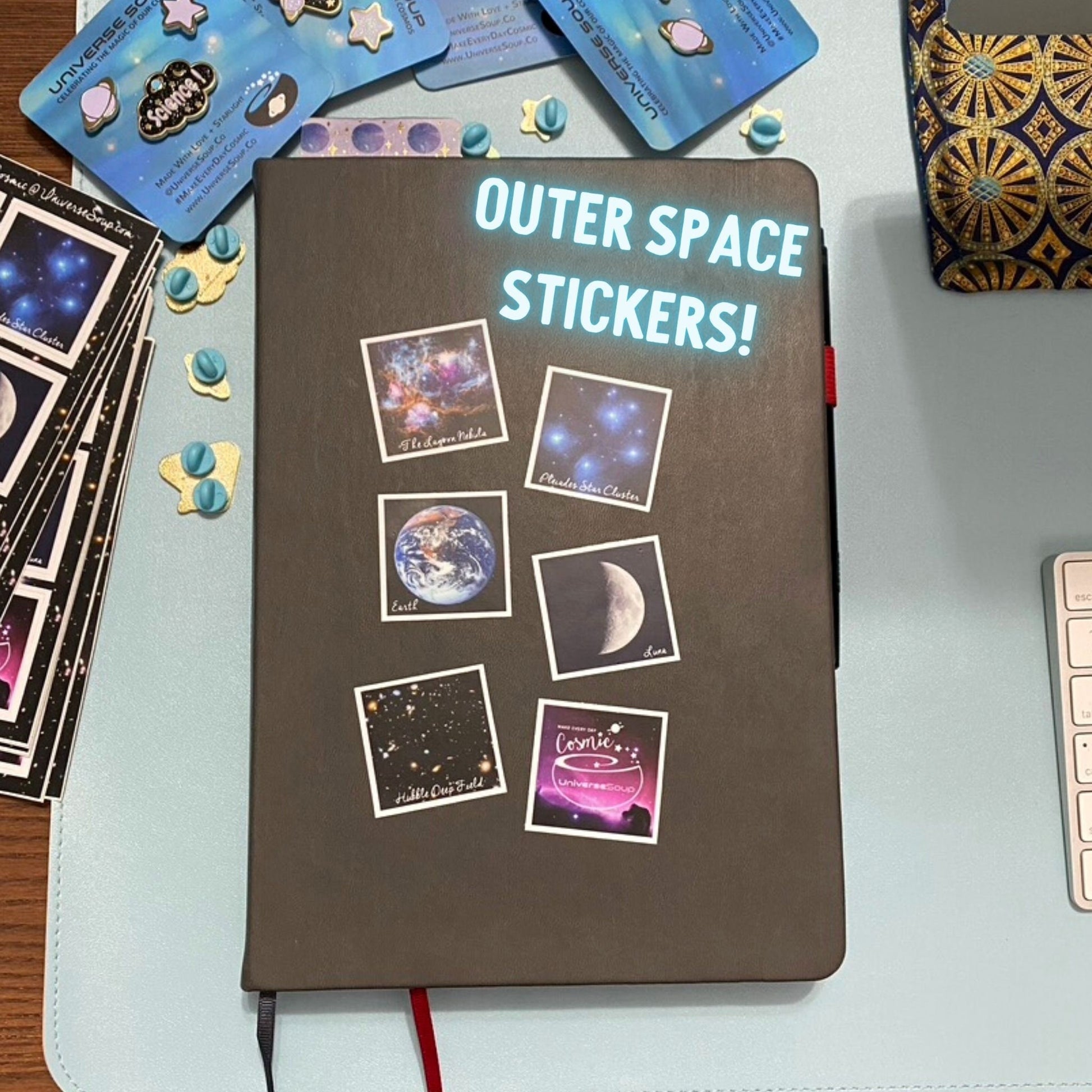 Outer Space Sticker Sheet - Make Every Day Cosmic with photos of the Moon, Earth, Pleiades, Lagoon Nebula, Horsehead, + Hubble Deep Field