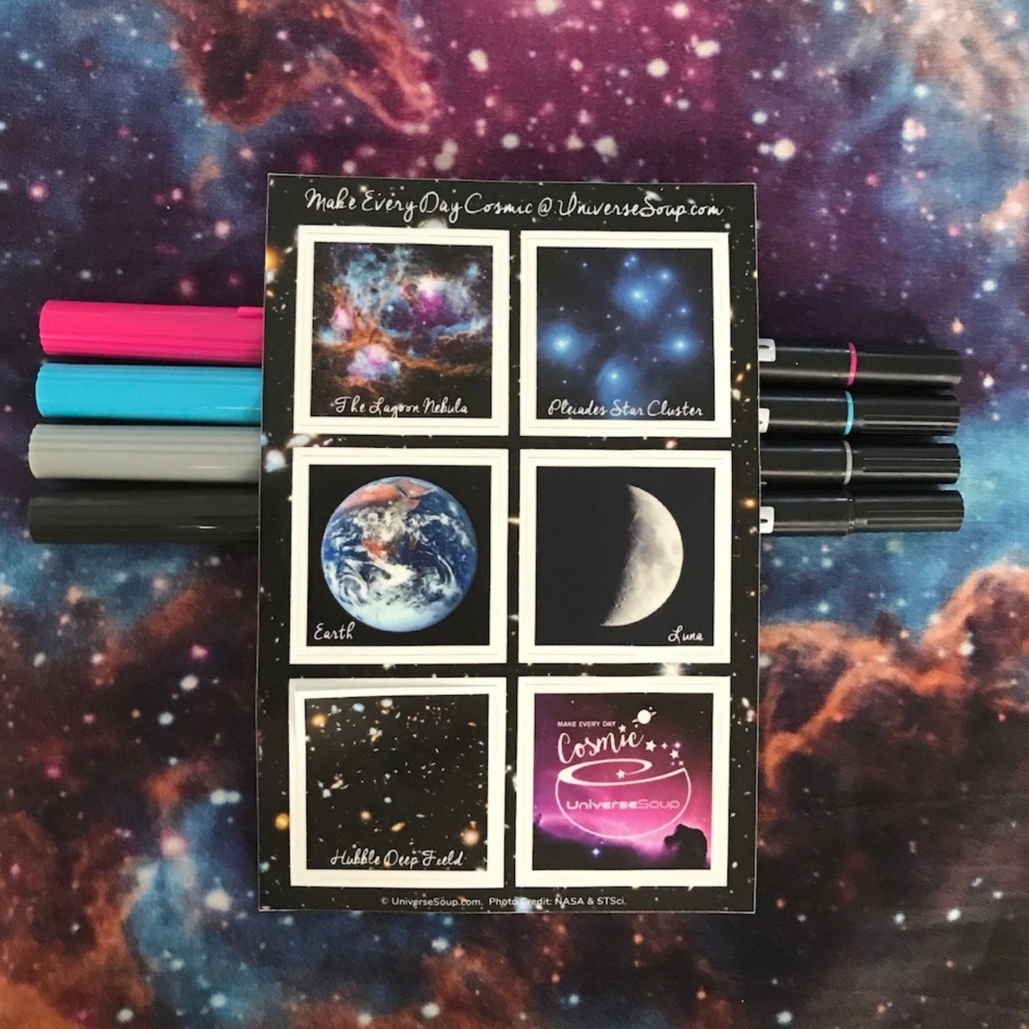 Outer Space Sticker Sheet - Make Every Day Cosmic with photos of the Moon, Earth, Pleiades, Lagoon Nebula, Horsehead, + Hubble Deep Field