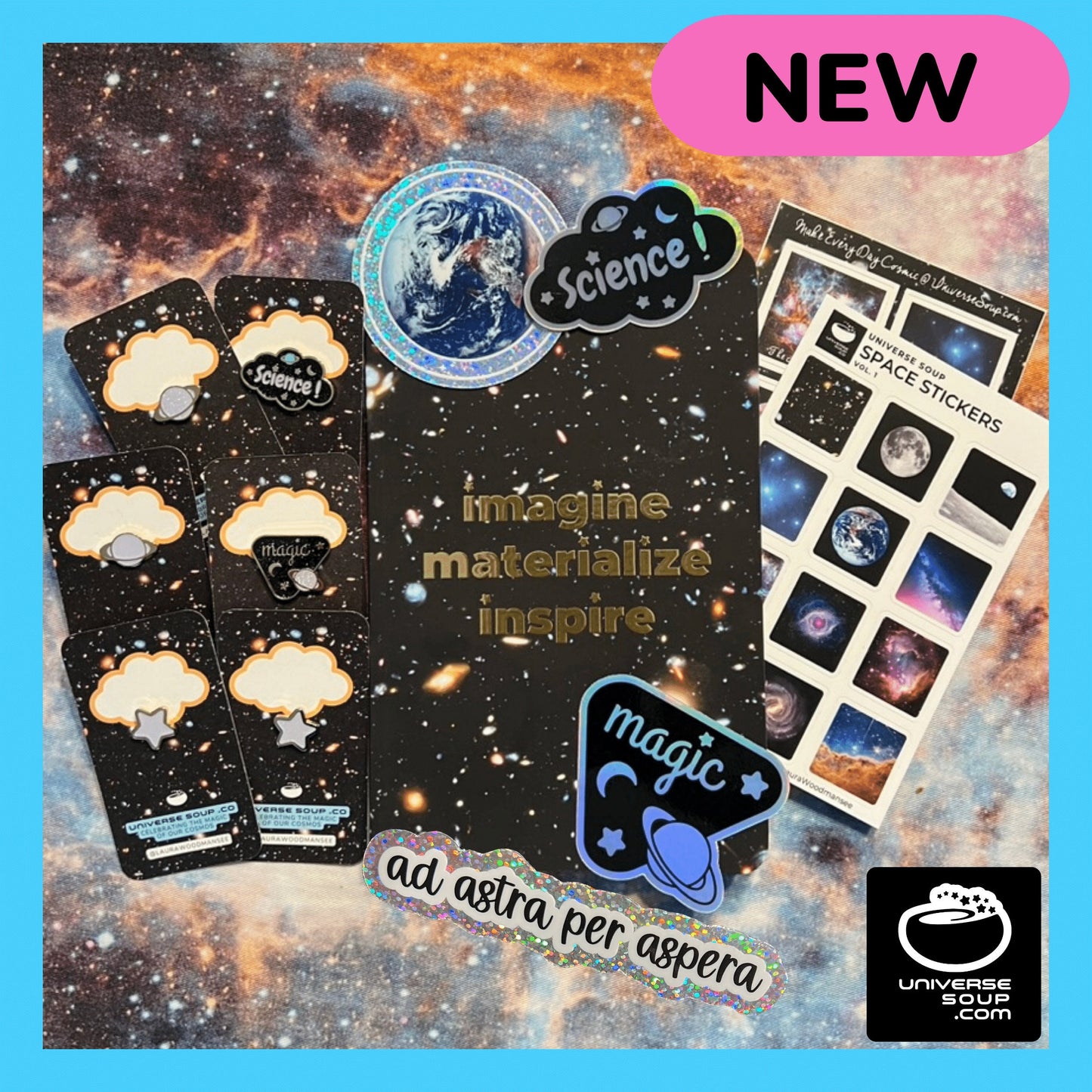 Cosmic Gift Box! 6 enamel pins, 2 sticker sheets, 2 large holo stickers, 2 glitter stickers, + dot journal embossed with gold foil + crystal