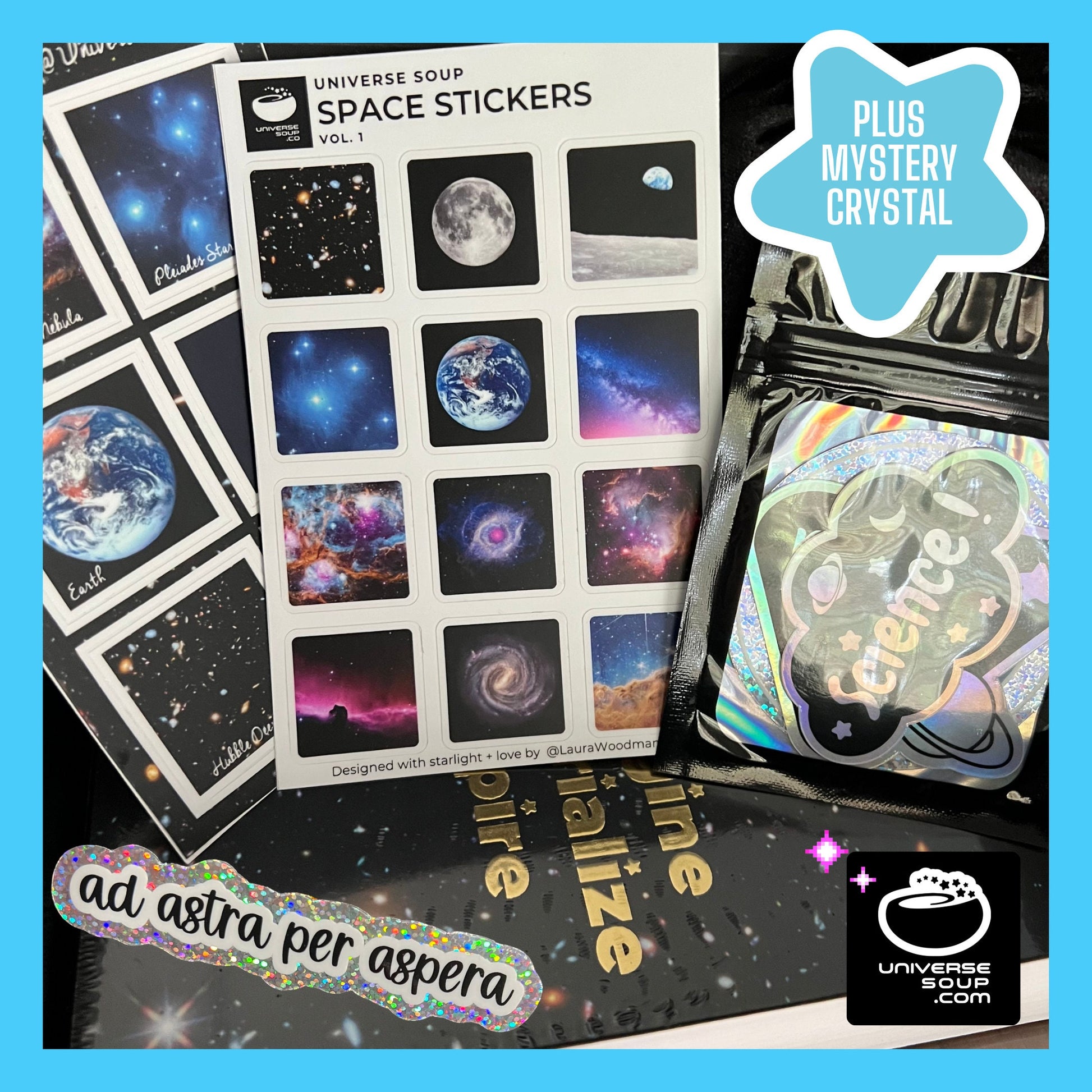 Cosmic Gift Box! 6 enamel pins, 2 sticker sheets, 2 large holo stickers, 2 glitter stickers, + dot journal embossed with gold foil + crystal