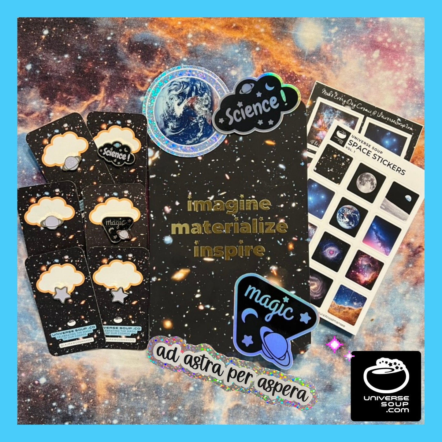 Cosmic Gift Box! 6 enamel pins, 2 sticker sheets, 2 large holo stickers, 2 glitter stickers, + dot journal embossed with gold foil + crystal