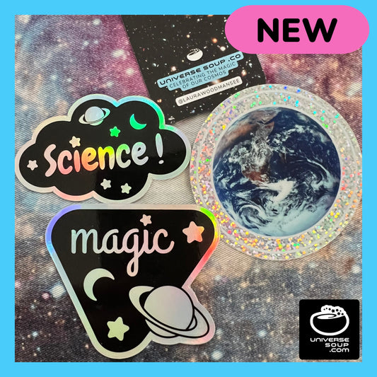 3 Sticker Bundle of 3-inch-wide Vinyl stickers - MAGIC (Holographic), SCIENCE! (Holographic), and EARTH (Glitter)